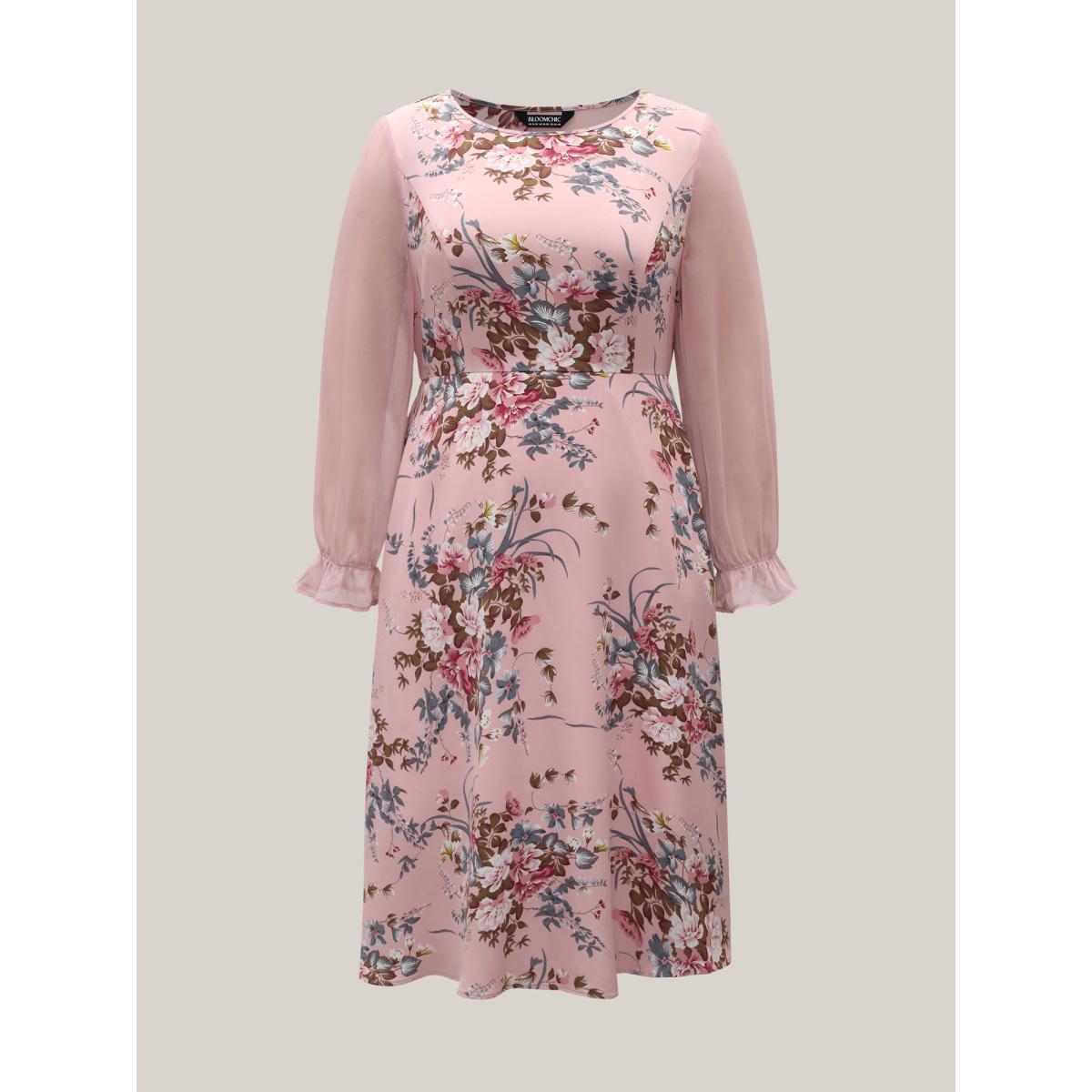 Plus Size Floral Print Spliced Waist Cinched Midi Dress MistyRose Women Elegant See through Round Neck Long Sleeve Curvy BloomChic 26/4X Product Image