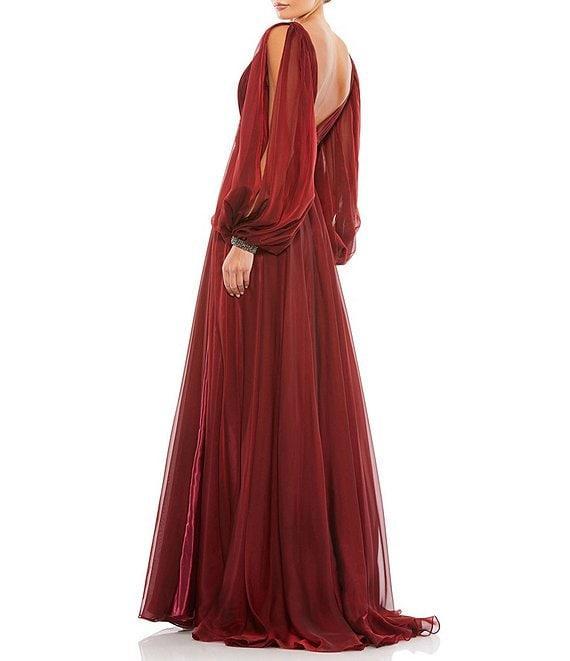 Mac Duggal V-Neck Beaded Cuff Open Long Sleeve Chiffon A-Line Plunge Back Detail Gown Product Image