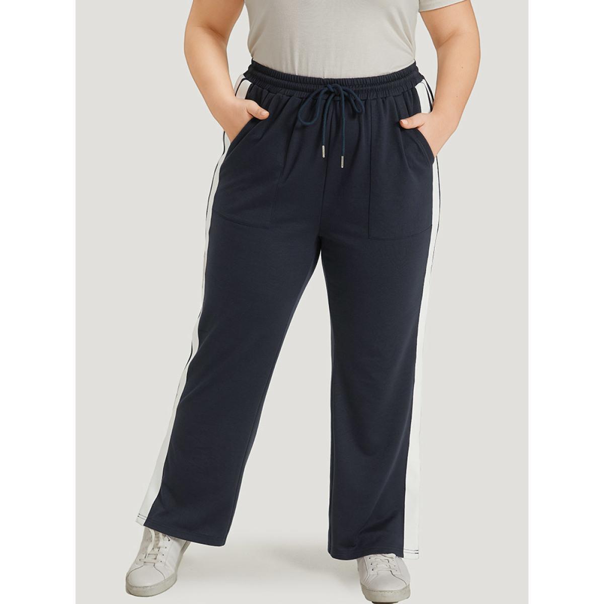 Two Tone Slant Pocket Bowknot Split Side Sweatpant Midnight Plus Size Women Casual Dailywear Contrast 10/M Bloomchic Product Image