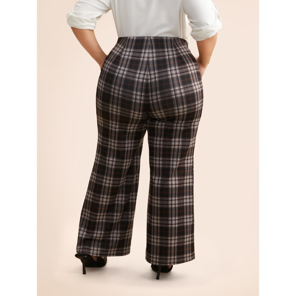 Plus Size Plaid Button Detail Mid Rise Pants Women Black At the Office Wide Leg Mid Rise Work Pants BloomChic 14-16/1X Product Image