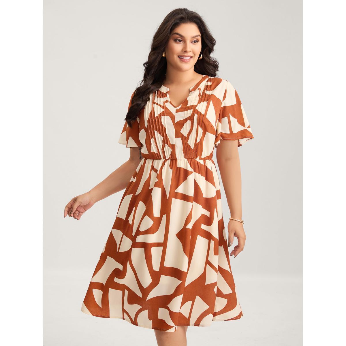 Plus Size Toothpick Pleat Notched Collar Midi Dress Rust Women Flat collar with V-notch Short sleeve Curvy BloomChic 26/4X Product Image
