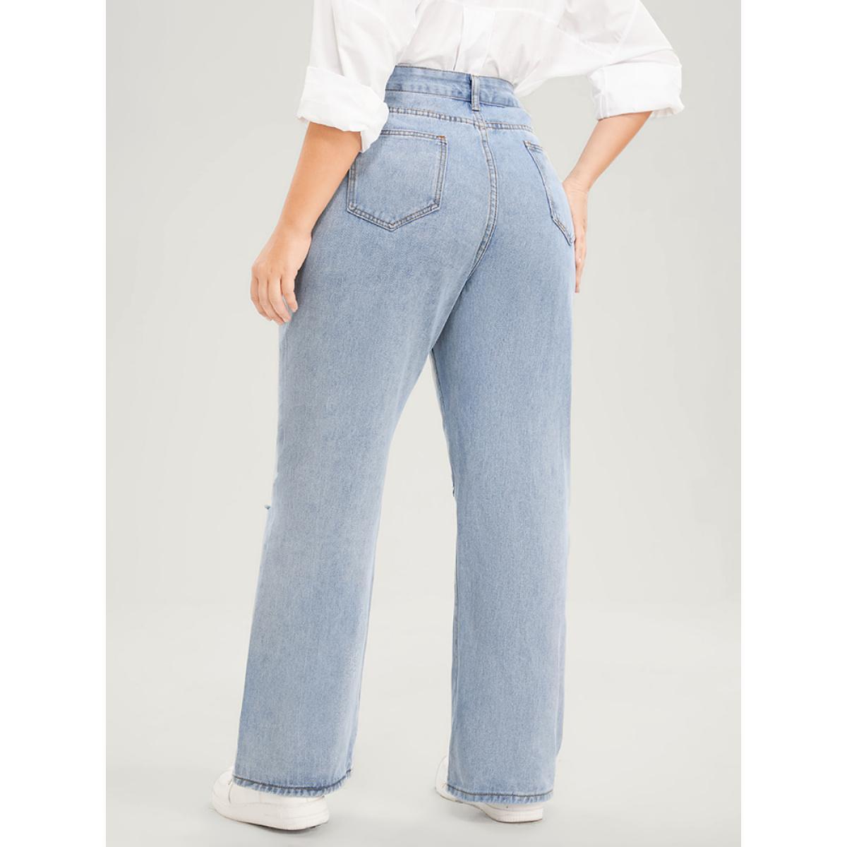 Plus Size Boyfriend Wide Leg Non Stretchy High Rise Light Wash Distressed Jeans Women LightBlue Casual Plain Distressed No stretch Pocket Jeans BloomChic 30/6X Product Image
