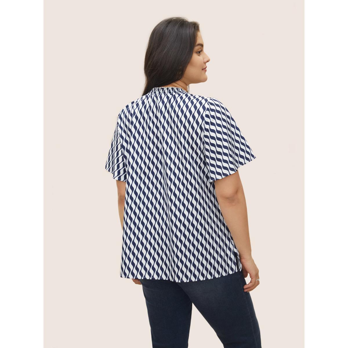 Plus Size Blue Geometric Mock Neck Shirred Ruffle Sleeve Blouse Women At the Office Short sleeve Mock Neck Work Blouses BloomChic 10/M Product Image