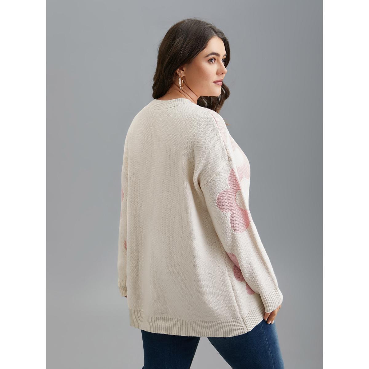 Plus Size Round Neck Floral Pattern Pullover Ivory Women Casual Loose Long Sleeve Round Neck Everyday Pullovers BloomChic 18-20/2X Product Image