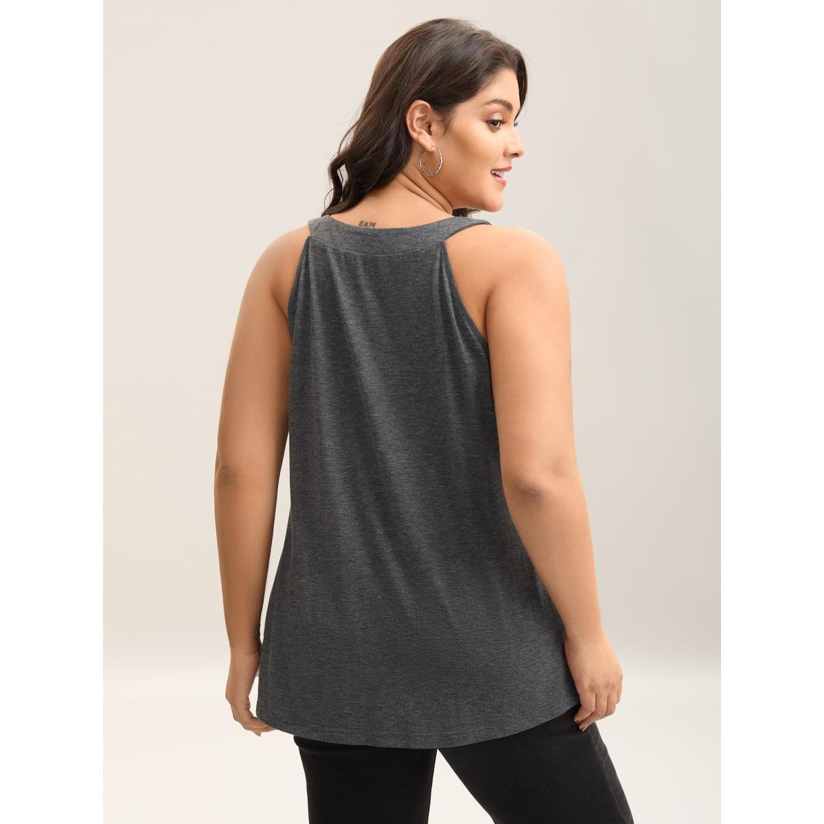 Plus Size Pleated Button Detail Tank Top Women DimGray Gathered Round Neck Everyday-Casual Tank Tops Camis BloomChic 22-24/3X Product Image