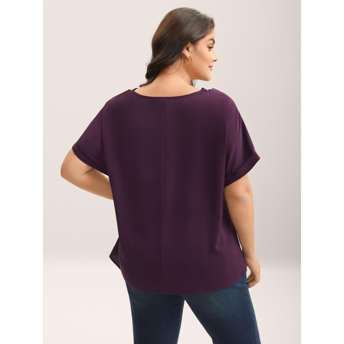 Plus Size Plum Cowl Neck Plain Dolman Sleeve Blouse Women Short sleeve Cowl Neck Work Blouses BloomChic 10/M Product Image