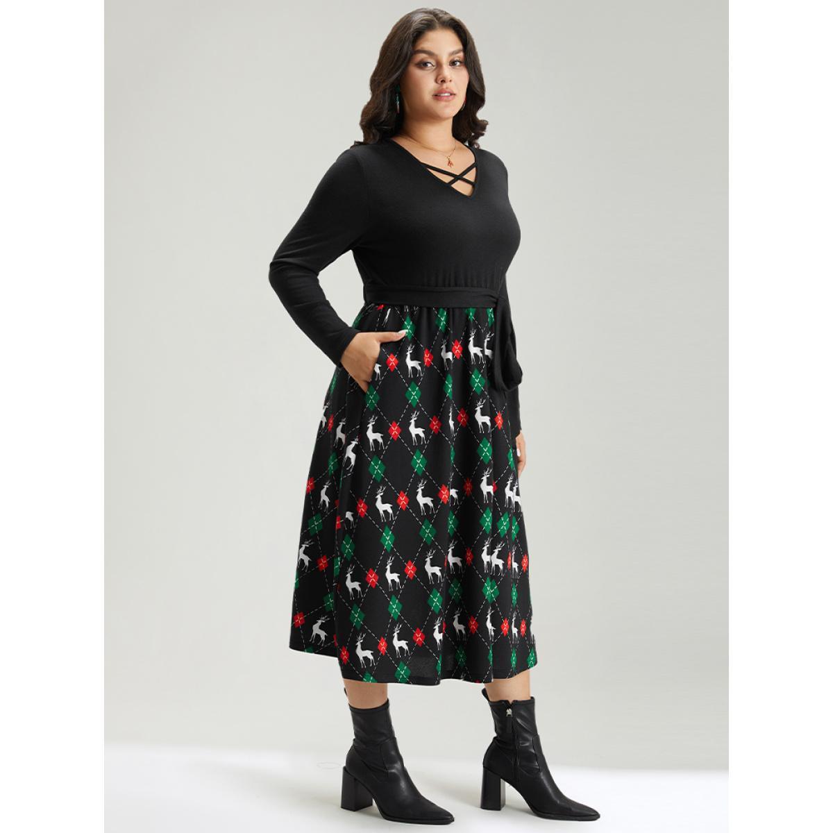 Plus Size Christmas Elk Crisscross Belted Pocket Dress Black Women Office Belted V-neck Long Sleeve Curvy Midi Dress BloomChic 30/6X Product Image