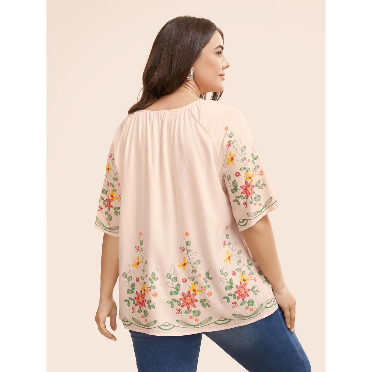Plus Size Beige Boho Print Gathered Ruffle Sleeve Blouse Women Elegant Half Sleeve Round Neck Everyday Blouses BloomChic 18-20/2X Product Image