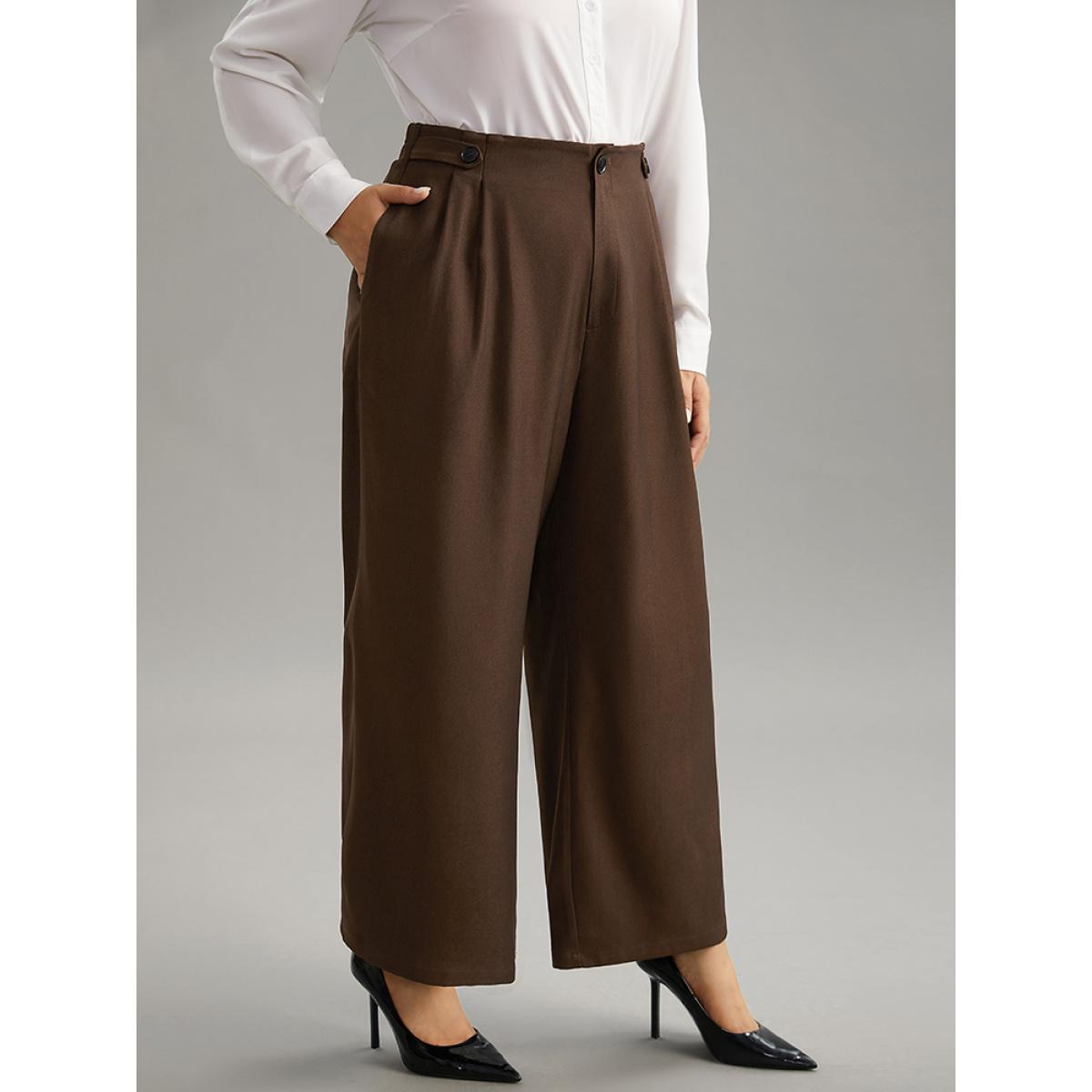Plus Size Solid Elastic Waist Plicated Detail Straight Leg Pants Women DarkBrown Office Straight Leg High Rise Work Pants BloomChic 12/L Product Image