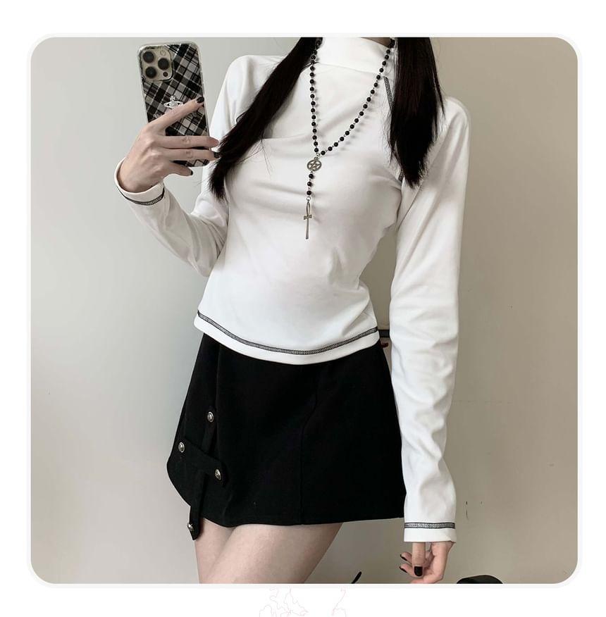 Long Sleeve Mock Neck Contrast Stitch Half Zip Top Product Image