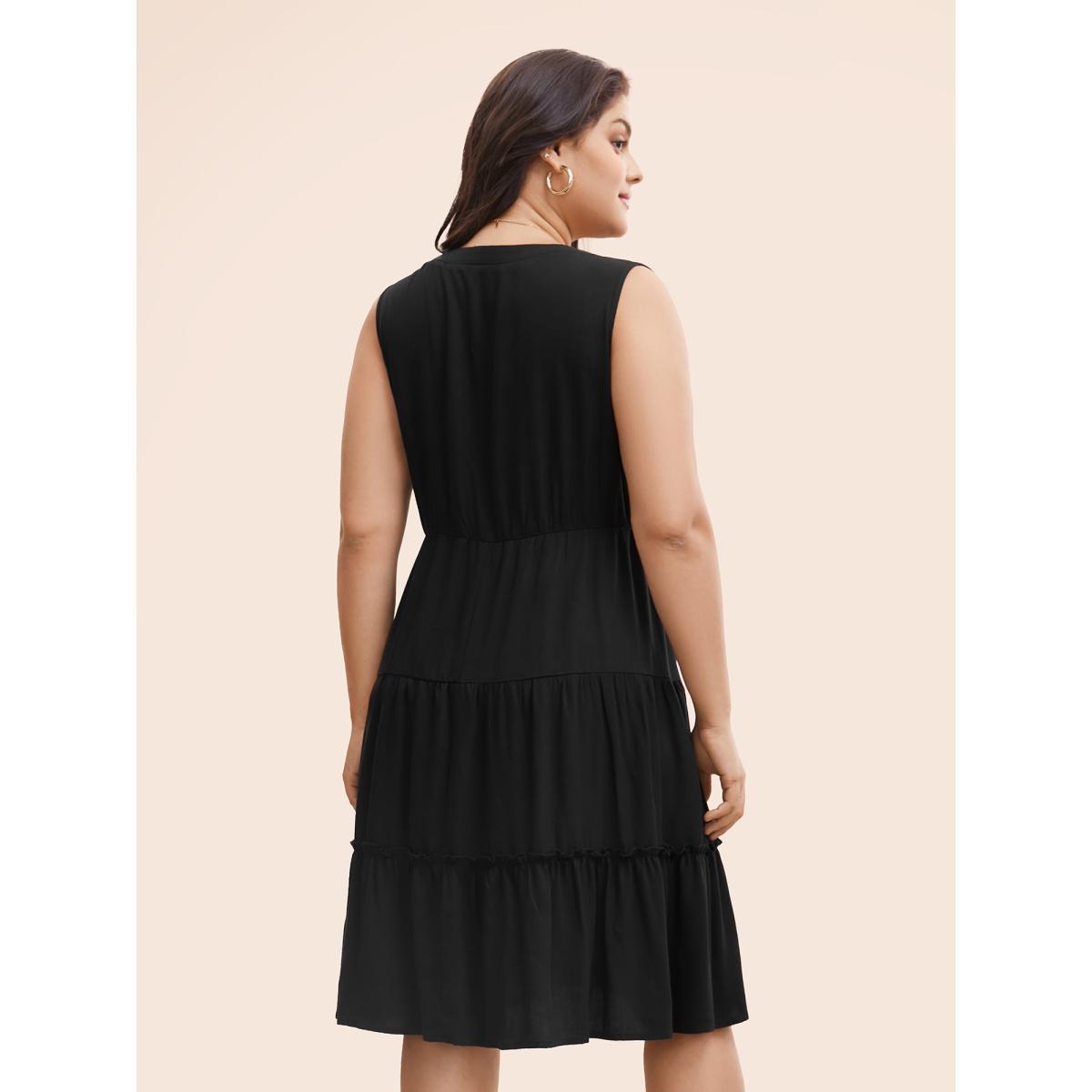 Plus Size Supersoft Essentials Notched Ruffle Layered Hem Sleeveless Dress Black Women Elegant Gathered V-neck Sleeveless Curvy Midi Dress BloomChic 12/L Product Image