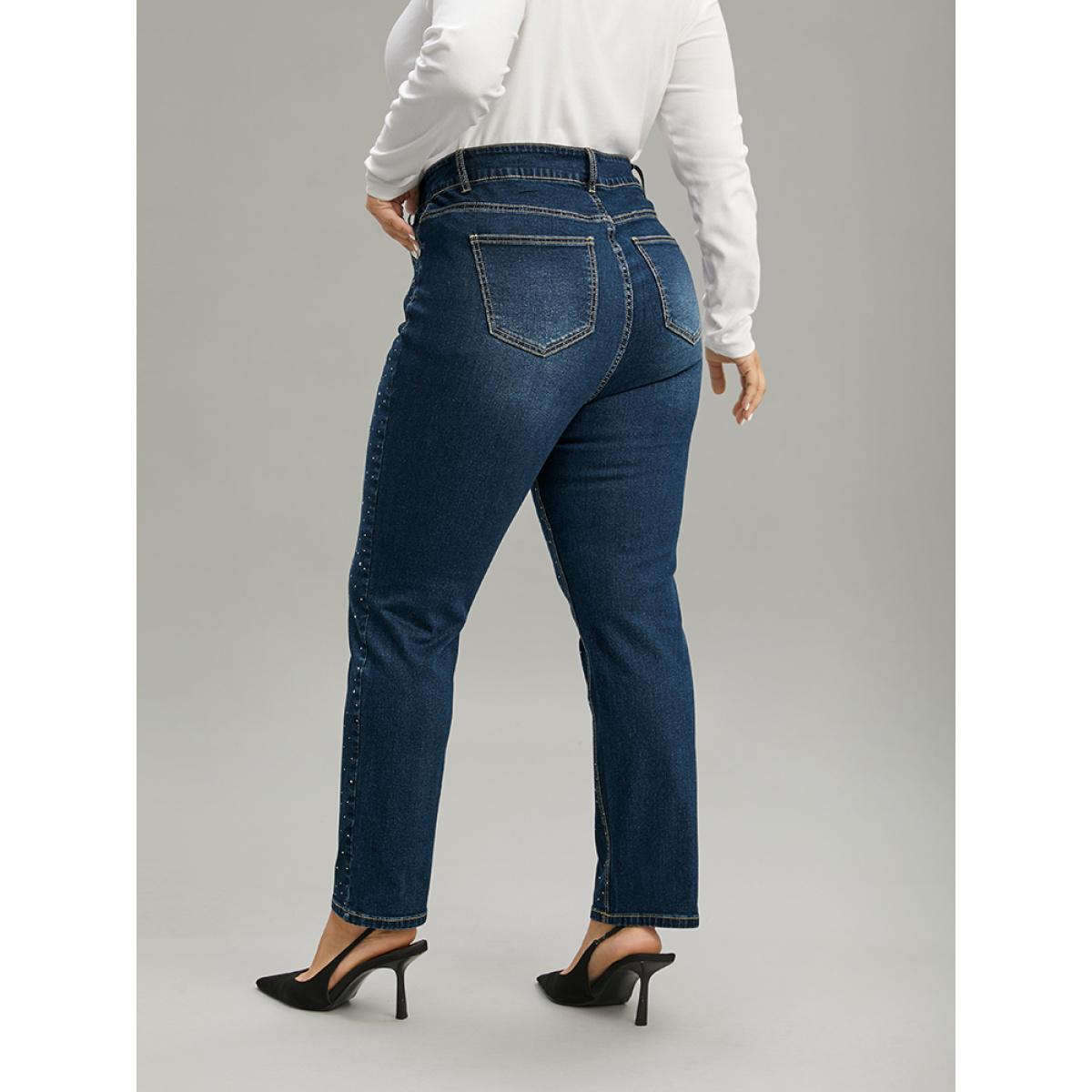 Plus Size Rhinestone Detail Dark Wash Straight Leg Jeans Women DarkBlue Casual Plain Rhinestone detailing High stretch Pocket Jeans BloomChic 16/1X Product Image