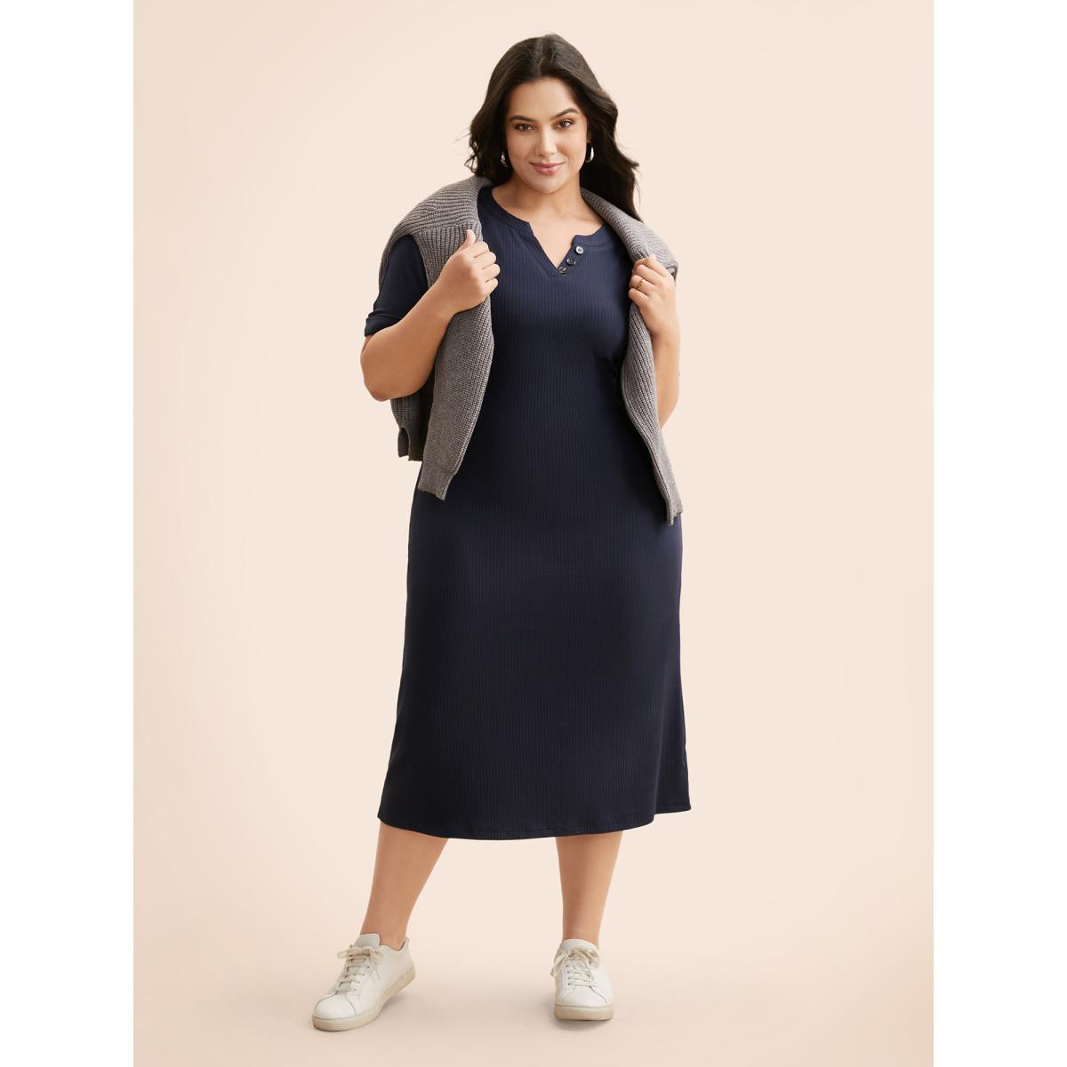 Plus Size Supersoft Essentials Notched Neck Midi Dress Midnight Women Basics Texture Flat collar with V-notch Short sleeve Curvy BloomChic 14-16/1X Product Image
