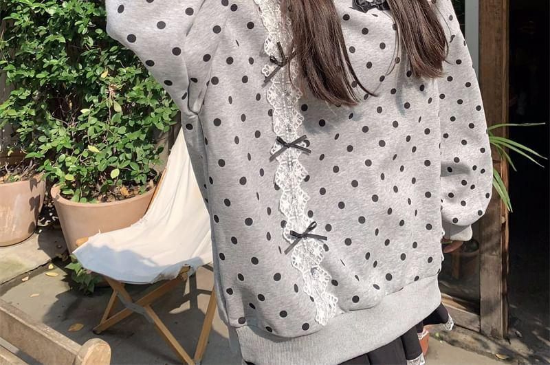 Round Neck Dotted Bow Panel Lace Pullover Product Image