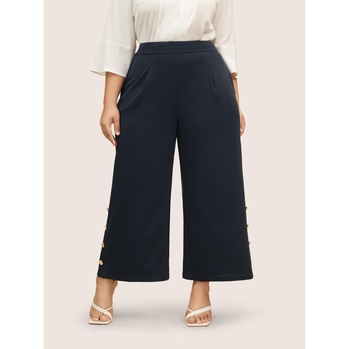 Plus Size Metal Detail Wide Leg High Rise Pants Women Midnight At the Office Wide Leg High Rise Work Pants BloomChic 28/5X Product Image