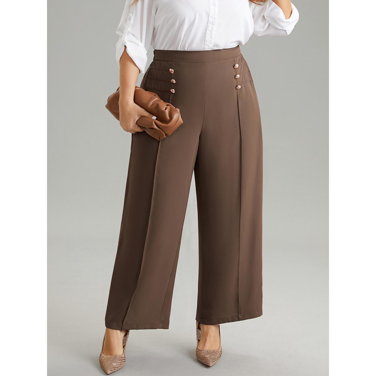 Plus Size Static-Free Button Detail Seam Detail Elastic Waist Pants Women Tan At the Office Wide Leg High Rise Work Pants BloomChic 22-24/3X Product Image