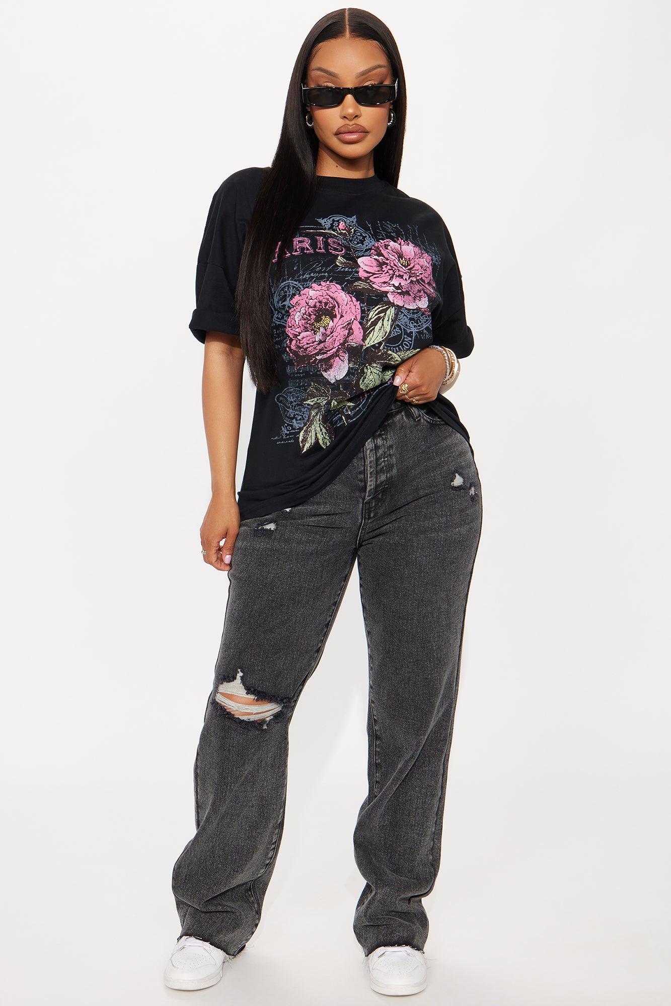 Paris Mood Flowers Washed Tee - Black Female Product Image