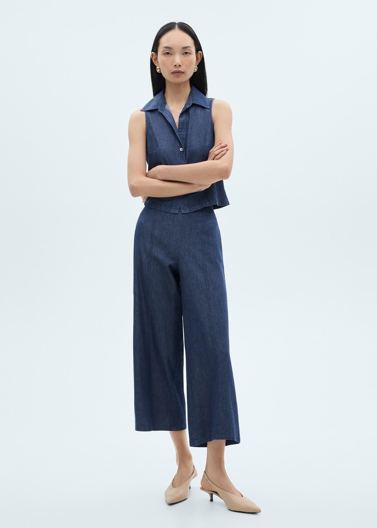 Denim-effect cotton top - Women | MANGO USA Product Image