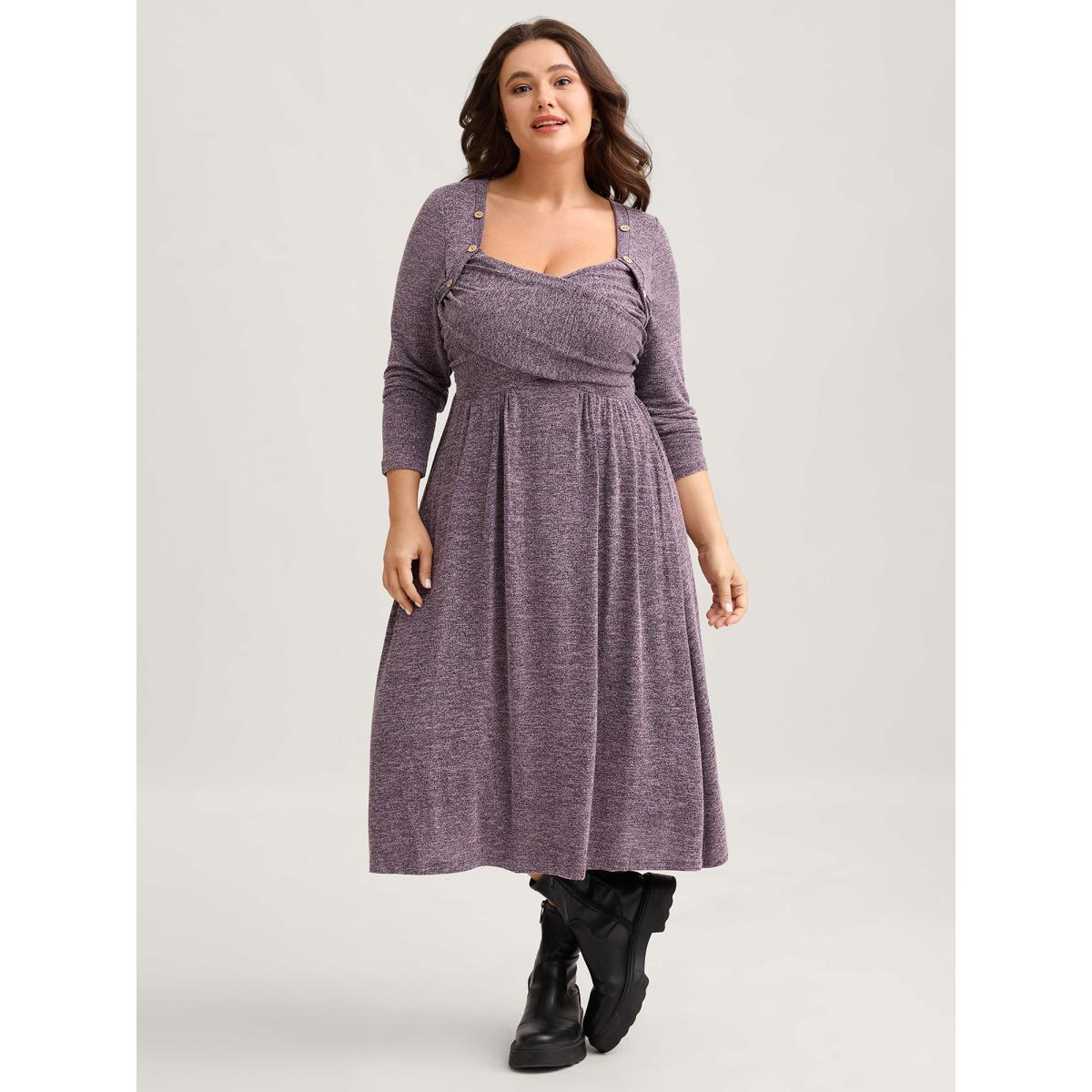 Plus Size Heart Neckline Button Detailing Crossover Fit Dress Mauve Women Casual Gathered Knit Dresses Bloomchic 12/L Product Image