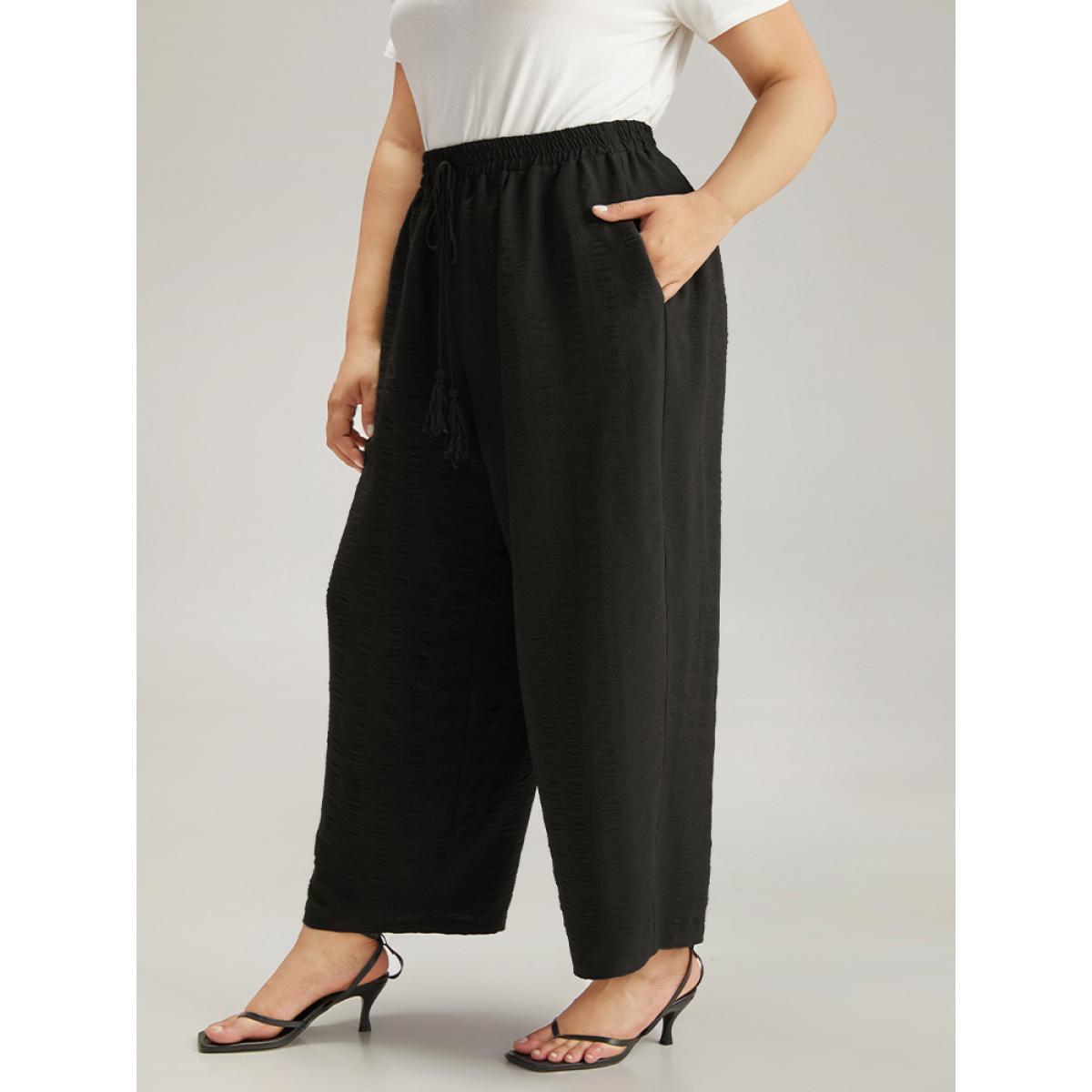 Plus Size Plain Tassel Knot Pocket Elastic Waist Pants Women Black Vacation Straight Leg High Rise Dailywear Pants BloomChic 30/6X Product Image
