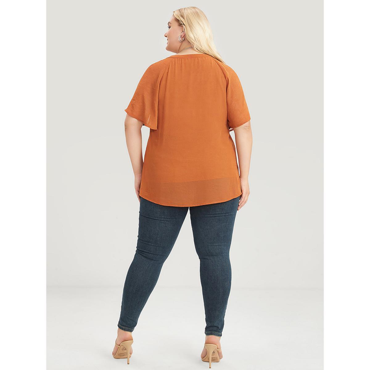 Plus Size Maroon Solid Notched Pleated Mesh Raglan Sleeve Blouse Women Casual Short sleeve V-neck Dailywear Blouses BloomChic 10/M Product Image