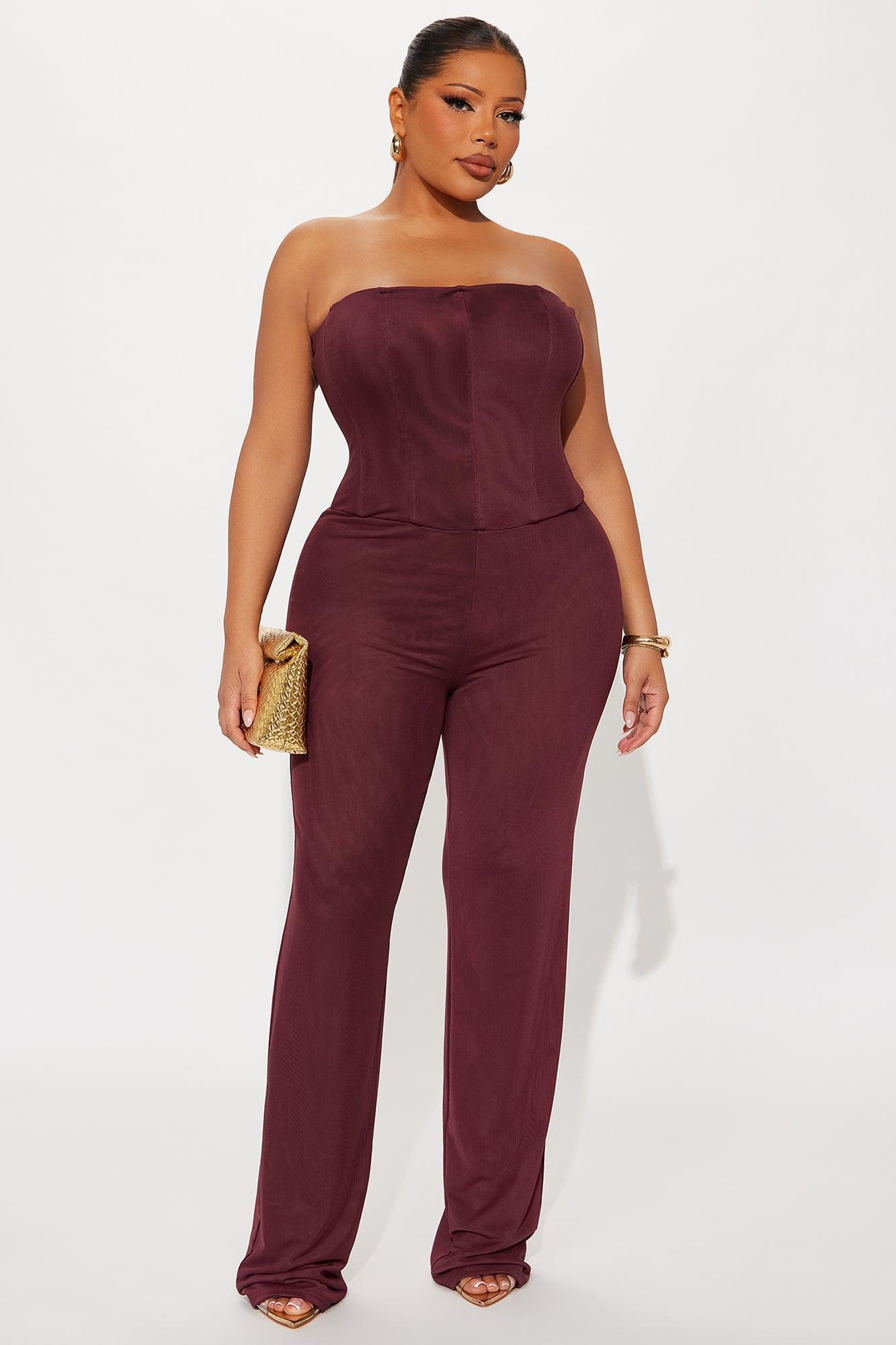 Martina Mesh Double Lined Straight Leg Jumpsuit - Burgundy Product Image