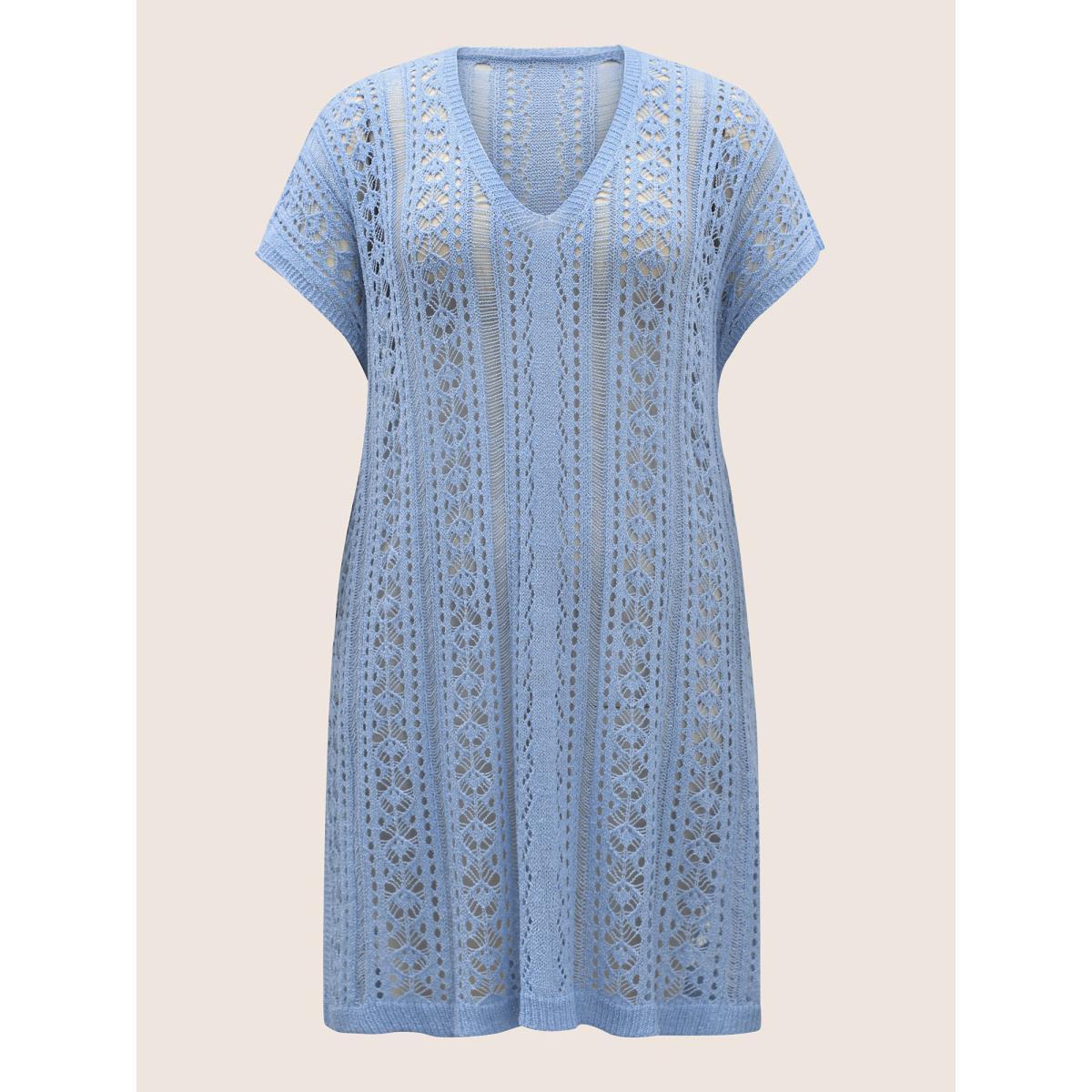 Plus Size Deep V Neck Pointelle Knit Dolman Sleeve Swim Cover Up Women's Swimwear LightBlue Beach Loose Texture Curve Swim Cover Ups BloomChic 12/L Product Image