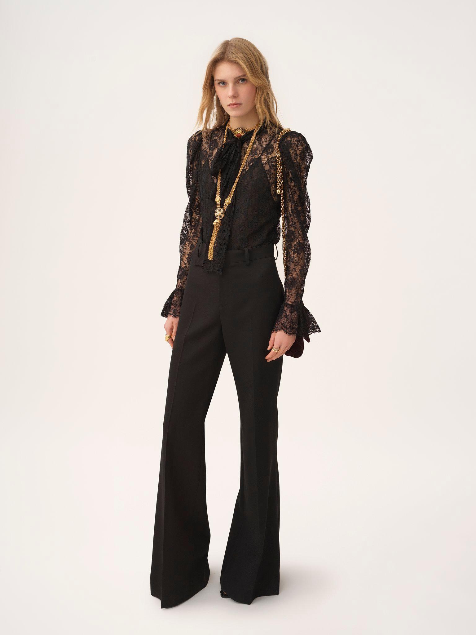 Puff-sleeve lavallière top in floral lace jacquard Product Image