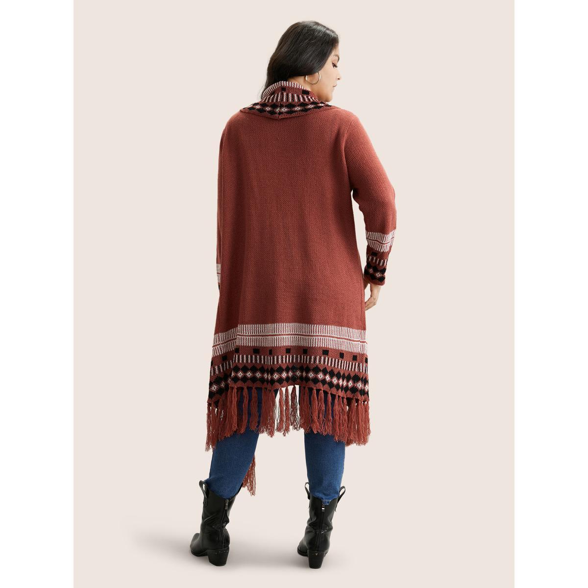 Plus Size Bandana Print Fringe Trim Maxi Cardigan Rust Women Casual Long Sleeve Everyday Cardigans BloomChic 30/6X Product Image