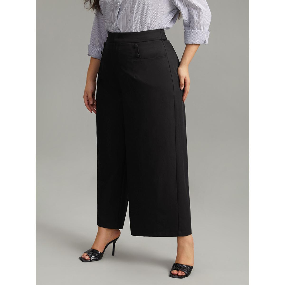 Plus Size Solid Button Detail Wide Leg Pants Women Black Workwear Essentials Wide Leg High Rise Work Pants BloomChic 10/M Product Image