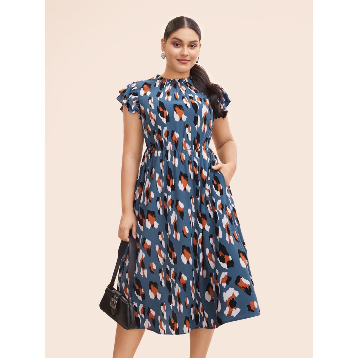 Plus Size Allover Print Frill Trim Flutter Sleeve Dress Aegean Women Office Gathered Mock Neck Sleeveless Curvy Midi Dress BloomChic 10/M Product Image