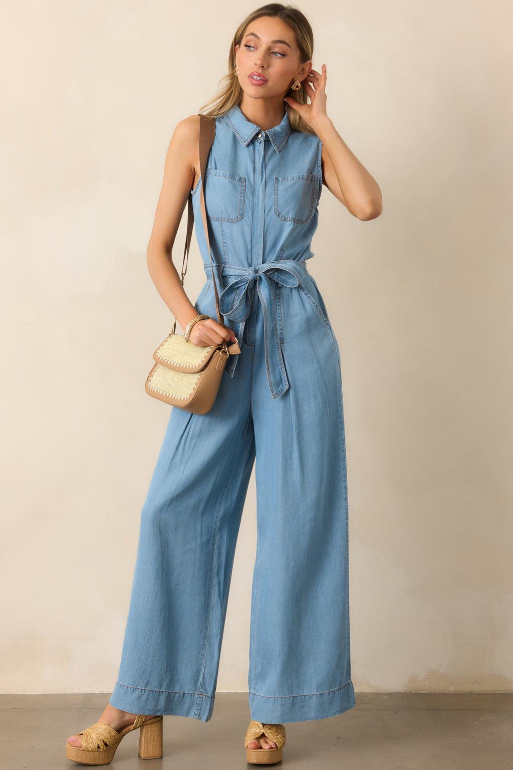 Best Foot Forward Blue Chambray Sleeveless Jumpsuit Product Image