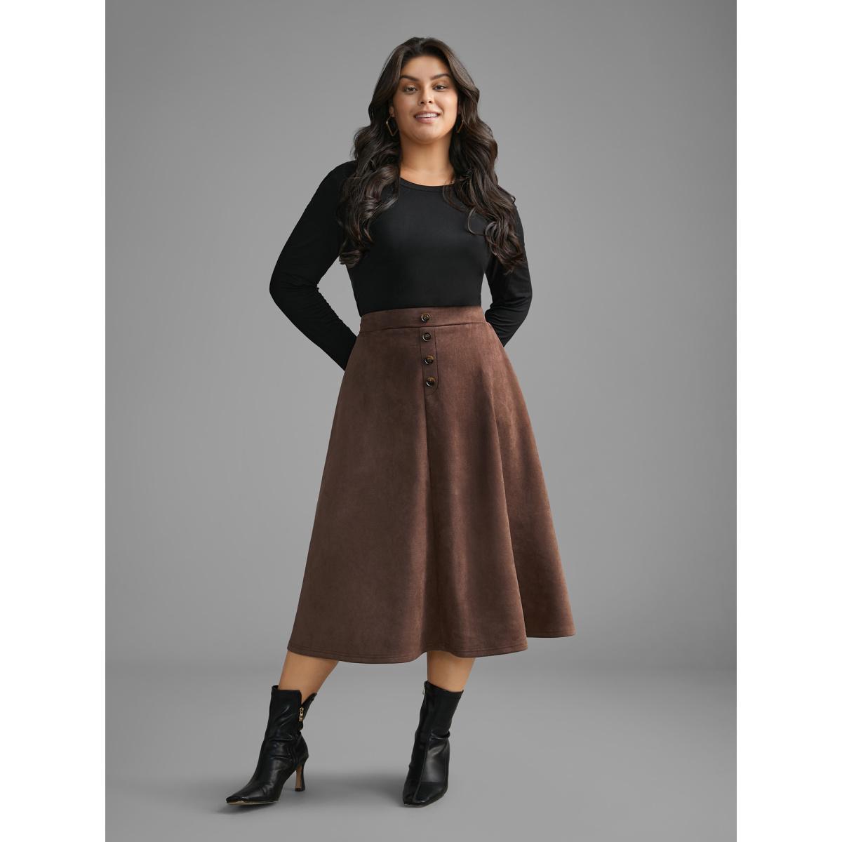 Plus Size Faux Suede Button Detail Pocket Skirt Women DarkBrown Elegant Button Loose Low stretch Slanted pocket Everyday Skirts BloomChic 12/L Product Image