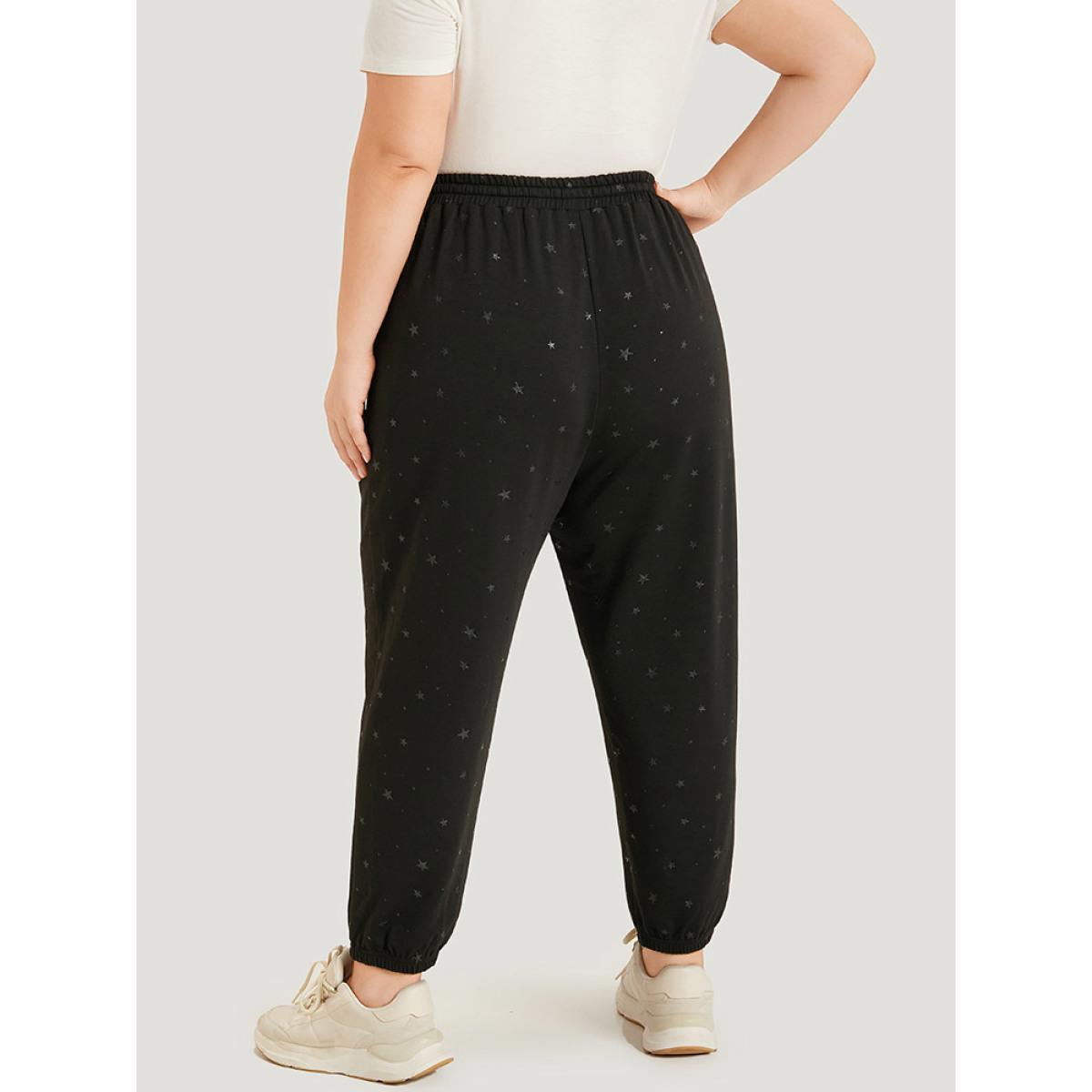 Star Drawstring Slant Pocket Elastic Waist Sweatpants Black Plus Size Women Casual Dailywear Elastic Waist 30/6X Bloomchic Product Image