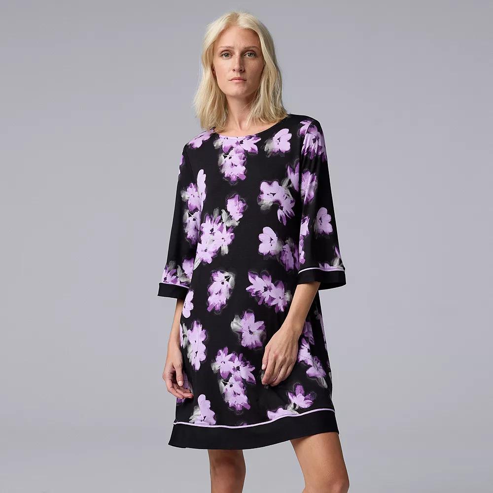 Women's Simply Vera Vera Wang 3/4 Sleeve Crewneck Sleepshirt, Size: Large, Black Floral Product Image