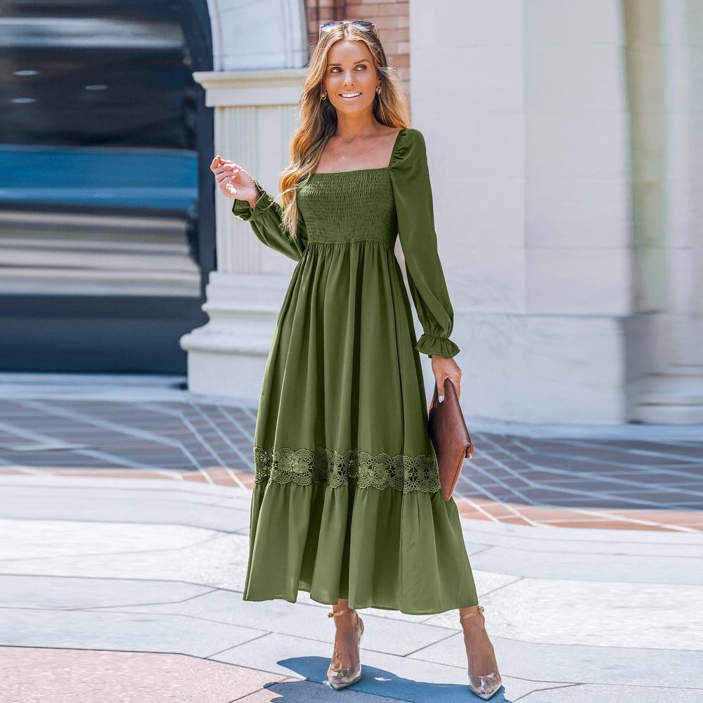 Women's Smocked Square Neck Long Puff Sleeve Maxi Dress - Cupshe-M-Green Product Image
