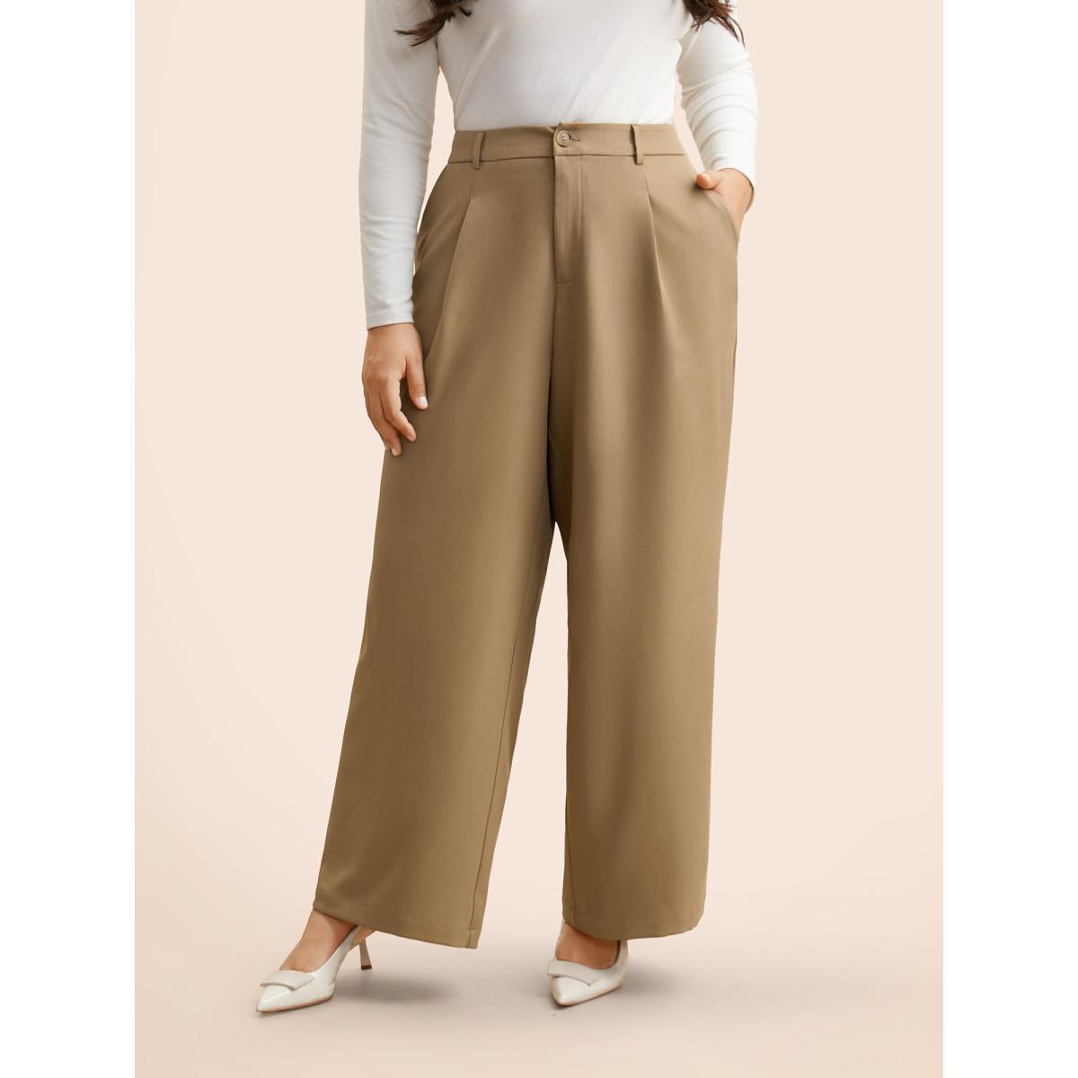 Plus Size Mid Rise Pleated Wide Leg Pants Women LightBrown At the Office Wide Leg Mid Rise Work Pants BloomChic 30/6X Product Image