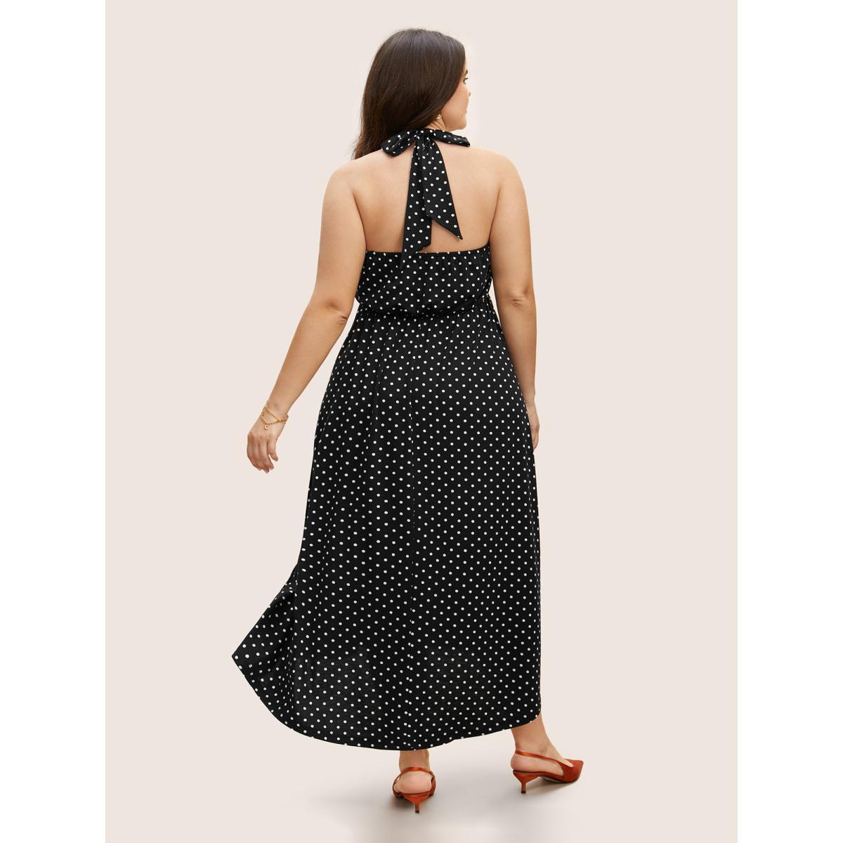 Plus Size Polka Dot Button Detail Tie Knot Dress Black Women Elegant Tie knot Heart neckline Sleeveless Curvy BloomChic 14-16/1X Product Image