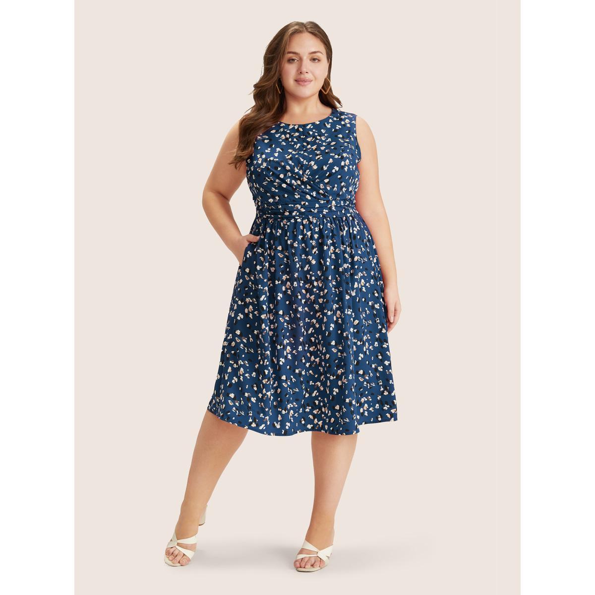 Plus Size Allover Print Pocket Flutter Crossover Ruched Tank Dress Aegean Women Elegant Twist Round Neck Sleeveless Curvy Midi Dress BloomChic 18-20/2X Product Image