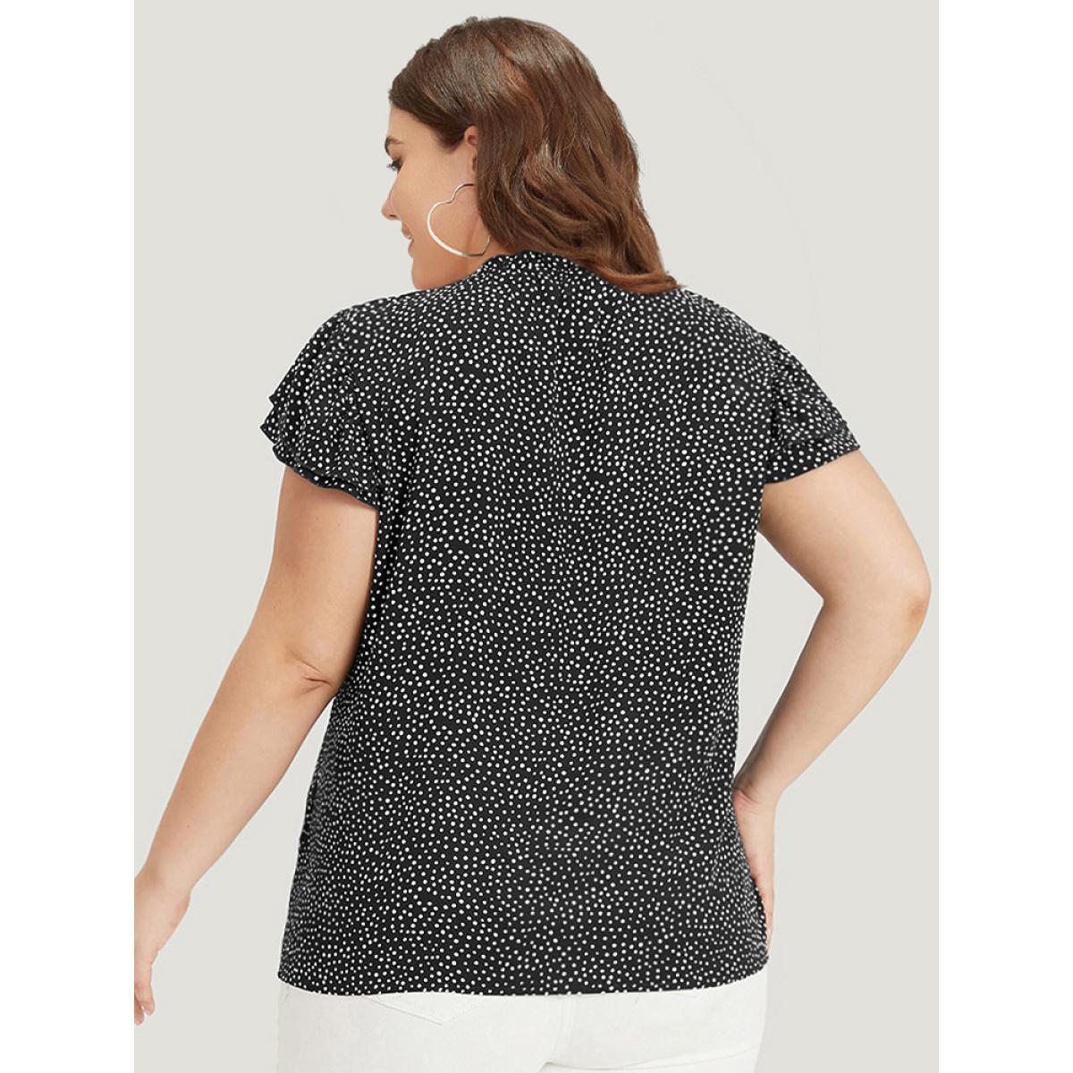Plus Size Black Polka Dot Keyhole Flutter Trim Layered Blouse Women Office Cap Sleeve Halter neck Work Blouses BloomChic 12/L Product Image