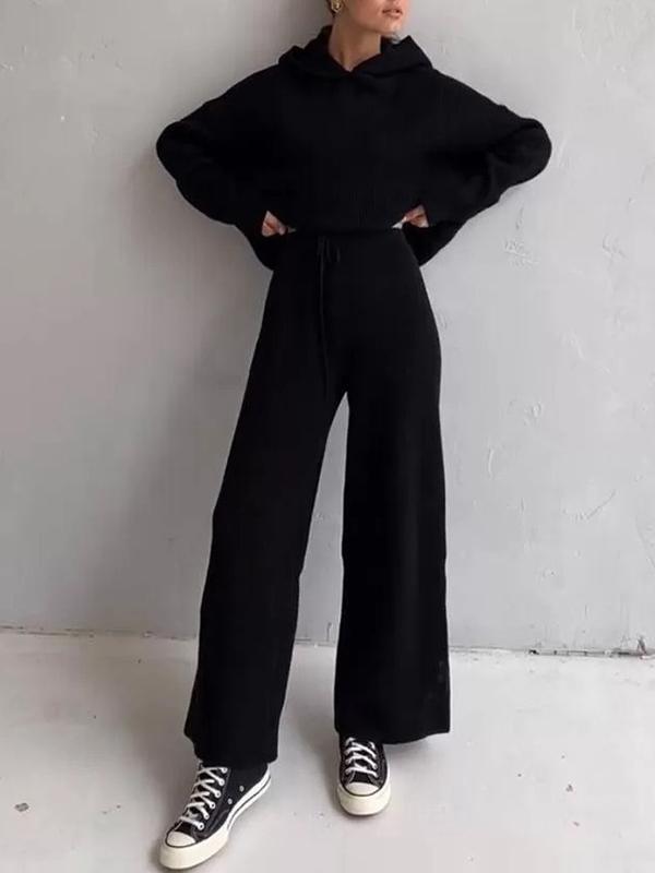 Loose Solid Color Round-Neck Hooded Long Sleeves Sweater Top + Drawstring Pants Bottom Two Pieces Set Product Image