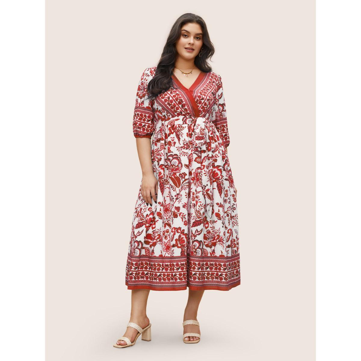 Plus Size Bandana Print Surplice Neck Lantern Sleeve Pocket Belted Midi Dress OrangeRed Women Resort Non V-neck Half Sleeve Curvy Midi Dress BloomChic 14-16/1X Product Image