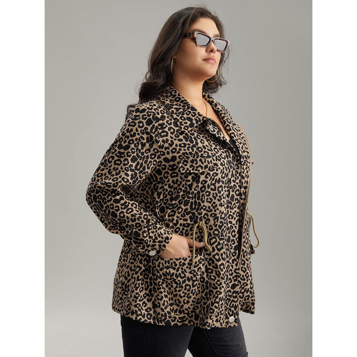Plus Size Leopard Zipper Drawstring Knot Pocket Jacket Women LightBrown Contrast Pocket Dailywear Jackets BloomChic 26/4X Product Image