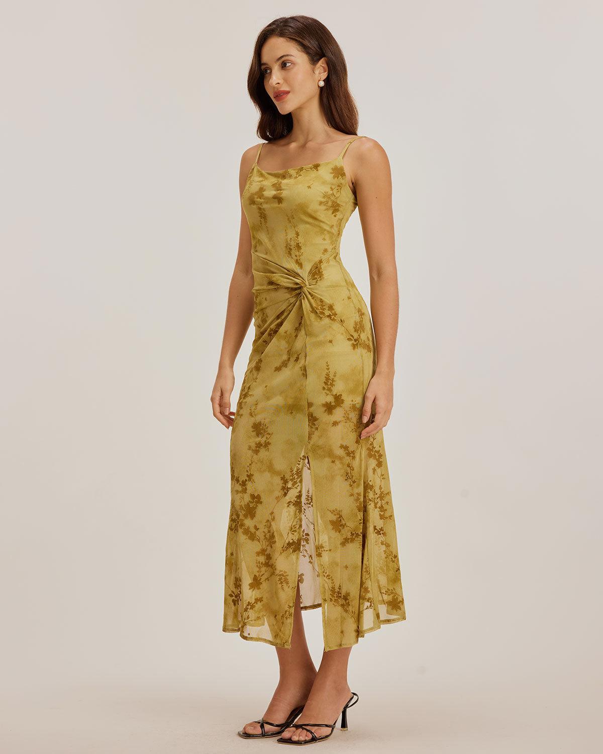 Green Floral Ruched Slip Midi Dress Product Image