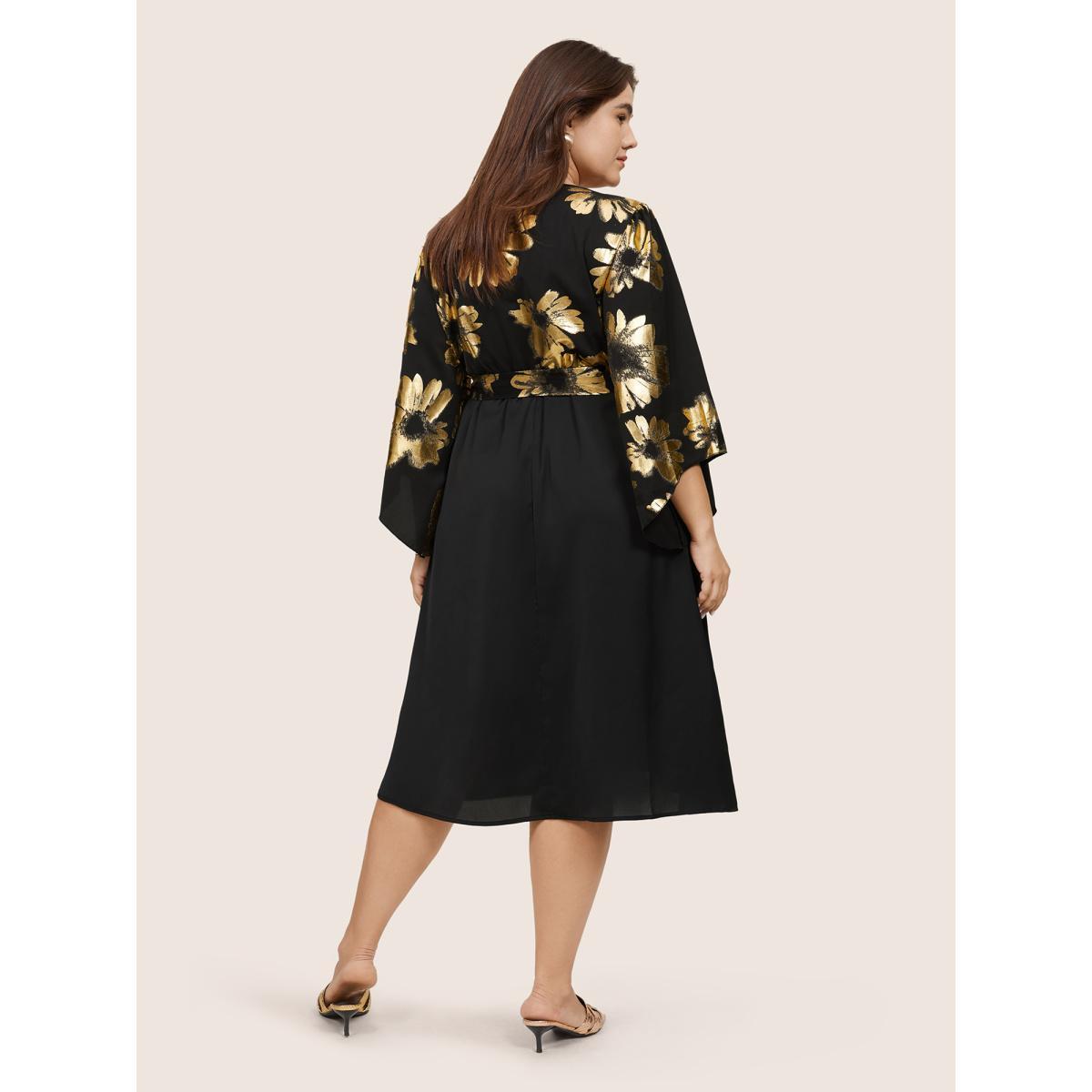 Plus Size Floral Glitter Belted Keyhole Flutter Sleeve Dress Black Women Glamour Gathered Keyhole Cut-Out Elbow-length sleeve Curvy Midi Dress BloomChic 22-24/3X Product Image