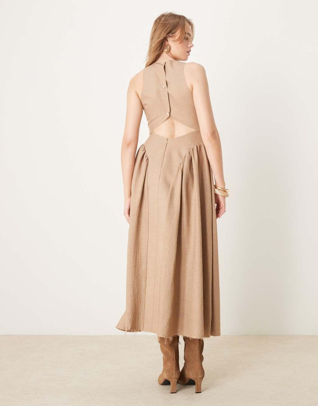 ASOS DESIGN structured bonded midi dress with open back detail in stone Product Image