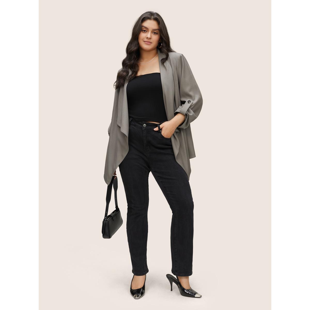 Plus Size Lapel Collar Tab Sleeve Hanky Hem Blazer Gray Women Everyday Plain Non Sleeve Long Sleeve Lapel Collar 18-20/2X Slanted pocket Casual Blazers BloomChic Product Image