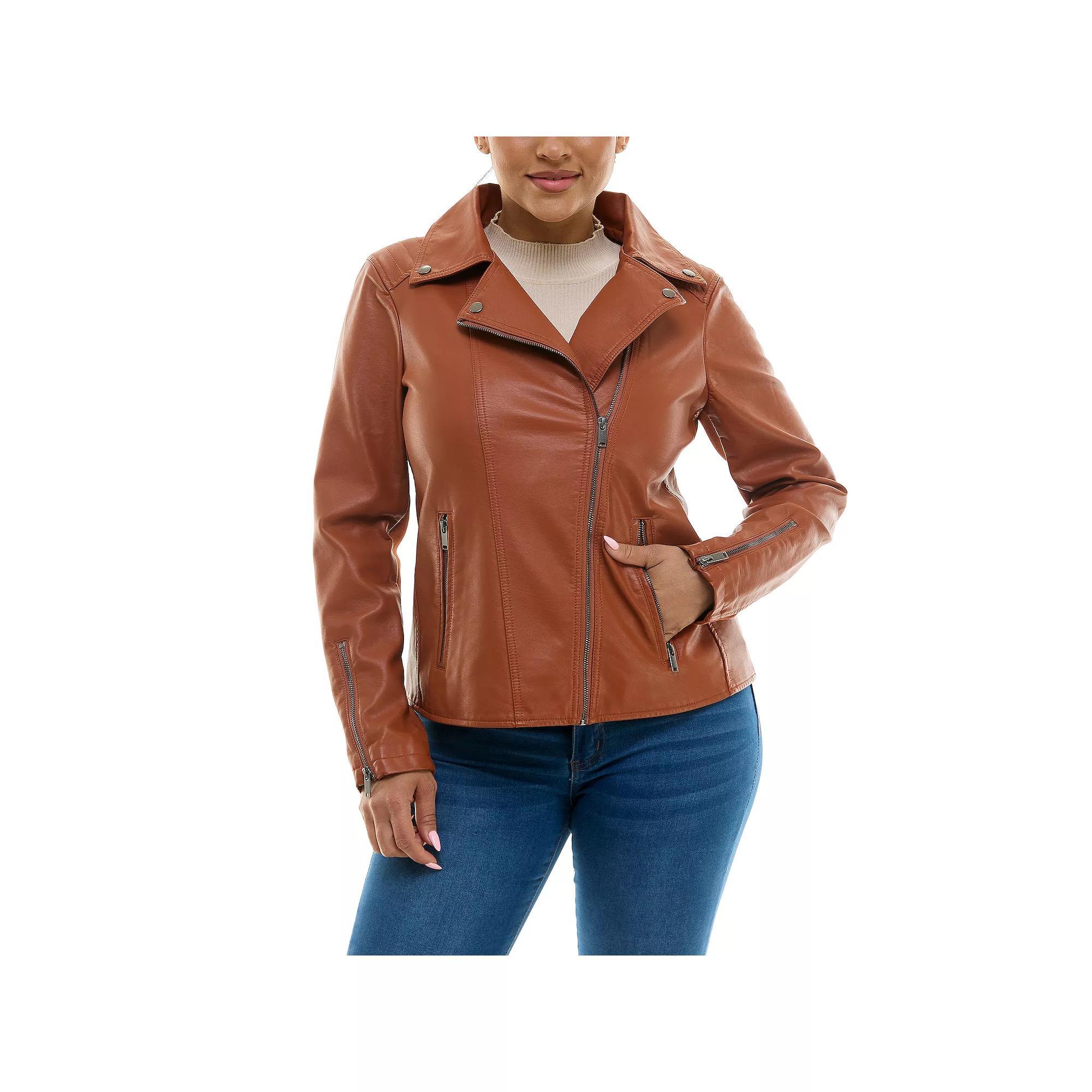 Women's Nina Leonard Pleather Moto Jacket, Size: Medium, Black Product Image