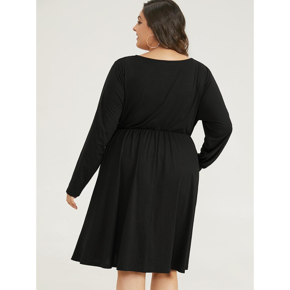 Plus Size Supersoft Essentials Contrast Webbing Pocket Dress Black Women Casual Plain V-neck Long Sleeve Curvy Midi Dress BloomChic 22-24/3X Product Image