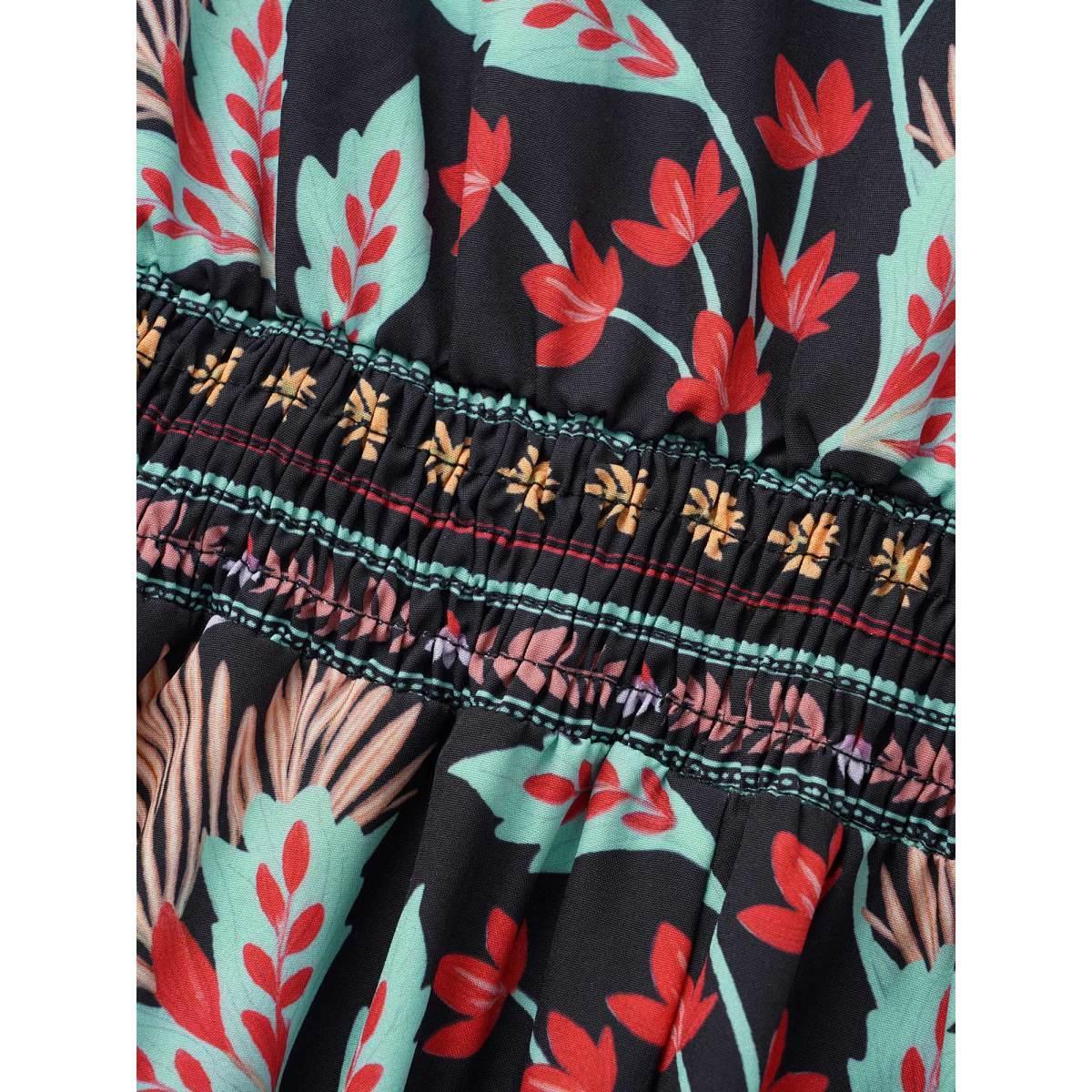 Plus Size Boho Print Shirred Pocket Midi Dress Black Women Resort Shirred V-neck Short sleeve Curvy BloomChic 22-24/3X Product Image